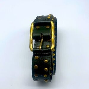 Leather Belt - Vintage Green Leather With Gold Embellishment Belt  Size S/M